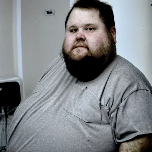 Image similar to close up portrait of fat redneck man in dirty clothes sitting in hospital waiting room, award winning, kodak gold 2 0 0,