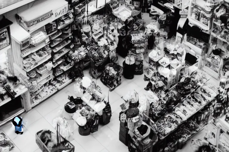 Prompt: overhead view, surveillance, black and white, a pet store with kittens sitting on the floor