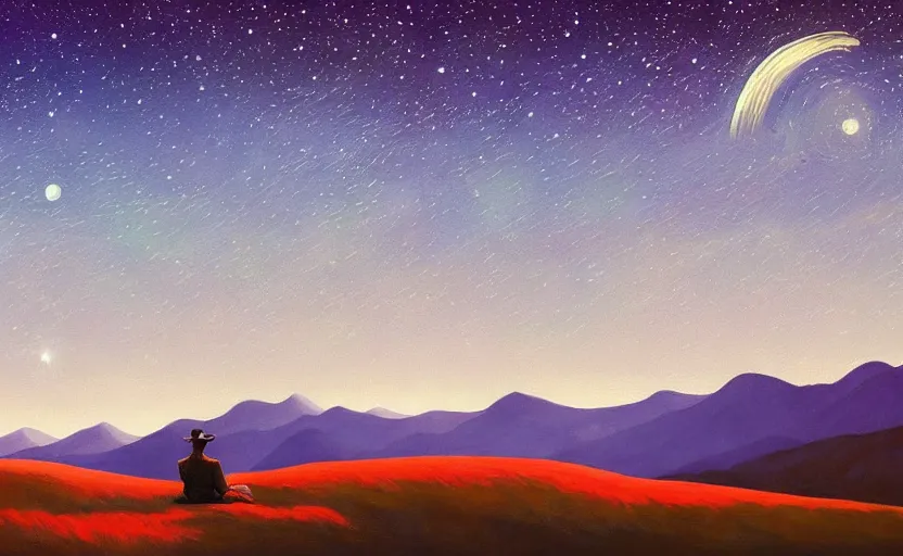 Prompt: mountains, stars and paisley filled sky, artstation, intricate, highly detailed, digital painting, concept art, sharp focus, illustration by Edward Hopper and Megan Duncanson