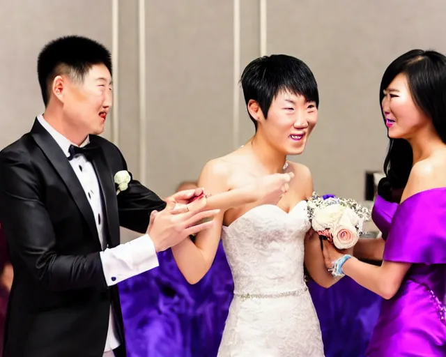 Image similar to cookie monster marrying justin sun, professional gay wedding photography