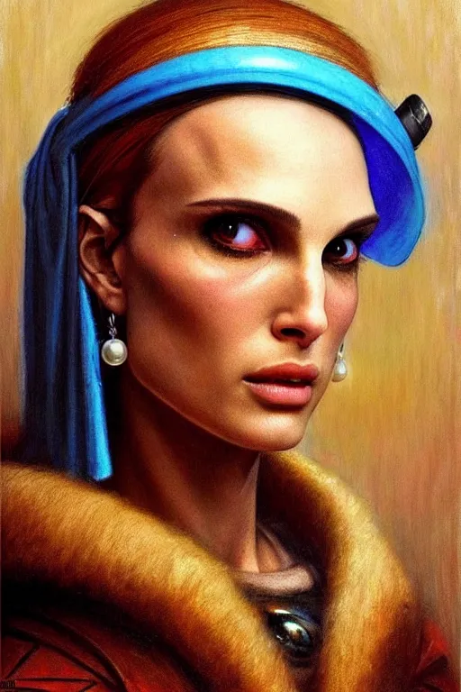 Image similar to character portrait cyberpunk warhammer 4 0 k, natalie portman as the girl with the pearl earring character design, painting by gaston bussiere, katsuya terada, frank frazetta, tom of finland, trending on artstation