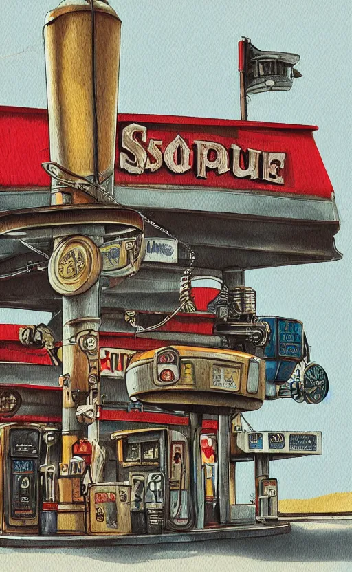 Prompt: steampunk gas station, closeup, gouache, sci - fi, cinematic