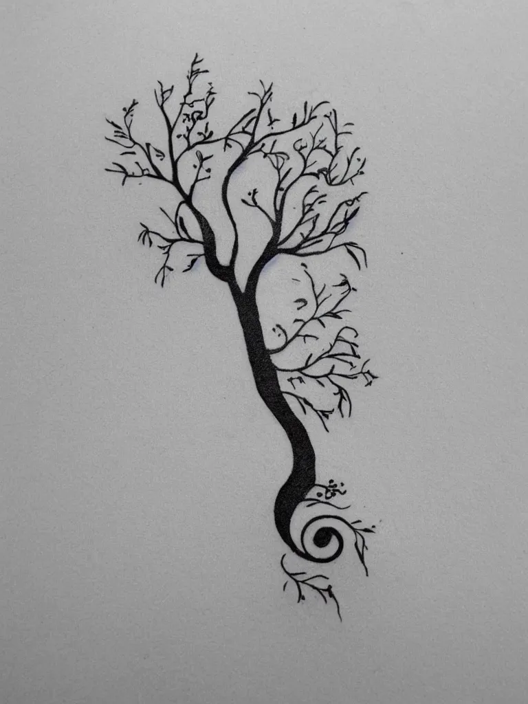 Image similar to a clean single line drawing sketch for a tattoo, acorn that turns into a tree that is also a treble clef with scar line in the middle, clean single line tattoo with bursts of color, isometric