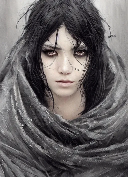 Image similar to a teenage girl with very short black hair and a huge cloak made of grey and black strips. mist swirls around her. beautiful highly detailed face. beautiful painting by artgerm and greg rutkowski and raymond swanland