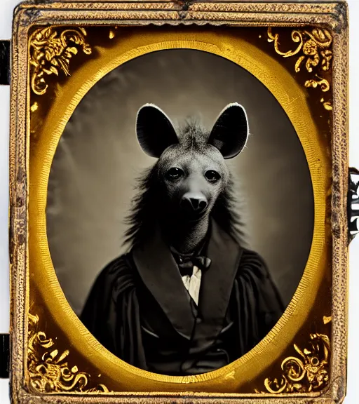 Image similar to professional studio photo portrait of anthro anthropomorphic spotted hyena head animal person fursona wearing elaborate pompous royal robes clothes by Louis Daguerre daguerreotype tintype