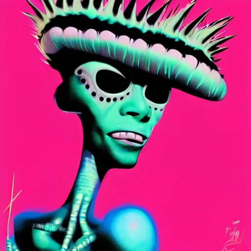 Prompt: a pink punk rock rapper alien with black spiked hair, an airbrush painting by Jamie Hewlett, cgsociety, symbolism, antichrist, aesthetic, 8k
