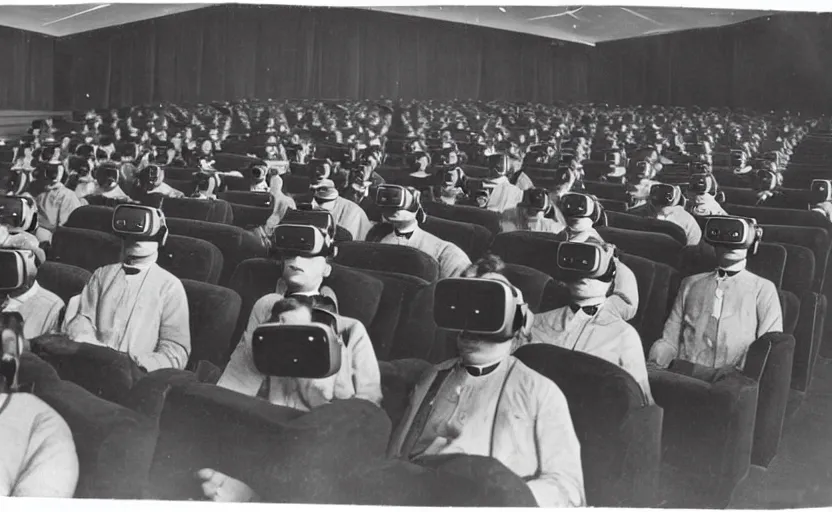 Image similar to 1 9 0 0 s photo of people wearing virtual reality headsets vr in a movie theater masterpiece