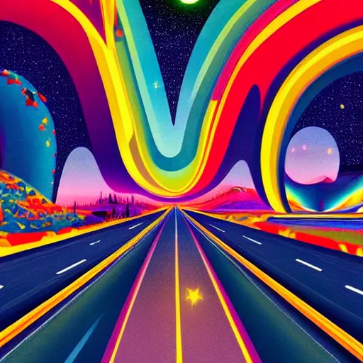 Image similar to interior of cosmic highway created by bosch, beautiful colors, bold architecture, detailed, 4 k