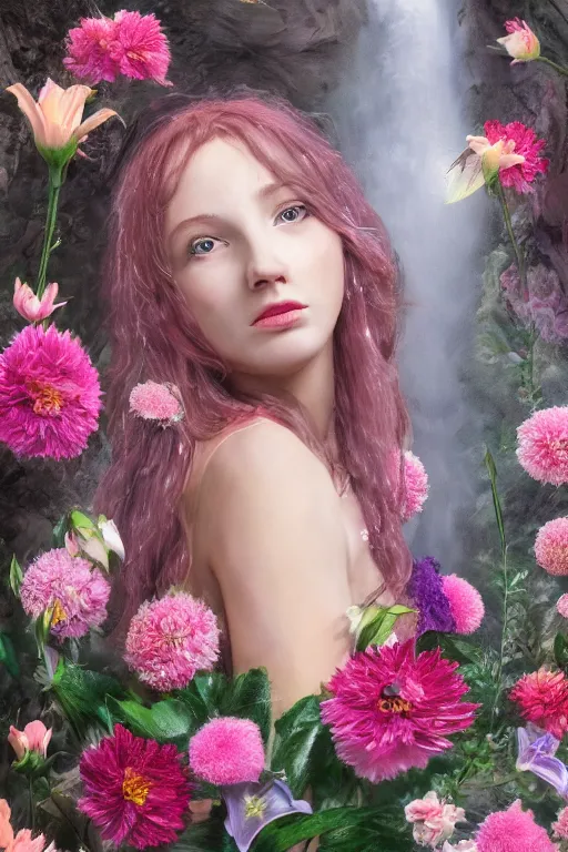 Image similar to oil painting, gray, pink, contrast, waterfall cave, redheaded girl wearing a hat of flowers and dress of fresh flowers, decorated with flowers, roses, lilies, chrysanthemums, irises, water drops, water jets, overhead light, high quality octane render 4 k, 8 k