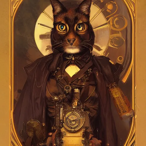 Image similar to Portrait of a steampunk cat, science fiction, highly detailed, digital painting, artstation, concept art, illustration, art by Greg Rutkowski and alphonse mucha