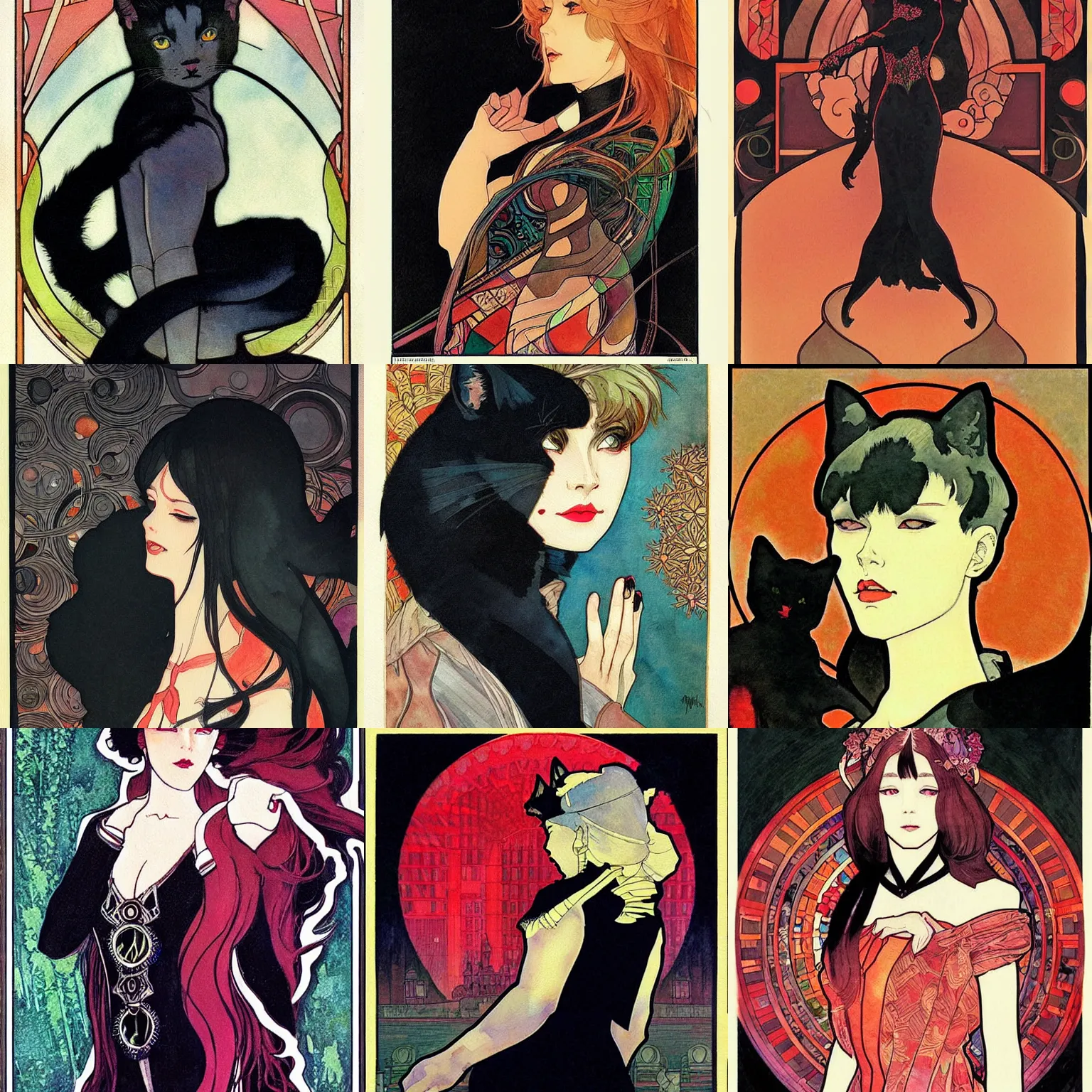 Prompt: the black cat. beautiful, realistic painting by mucha and kuvshinov and bilibin and malevich. synthwave watercolor, thick lining, manga, soviet realism