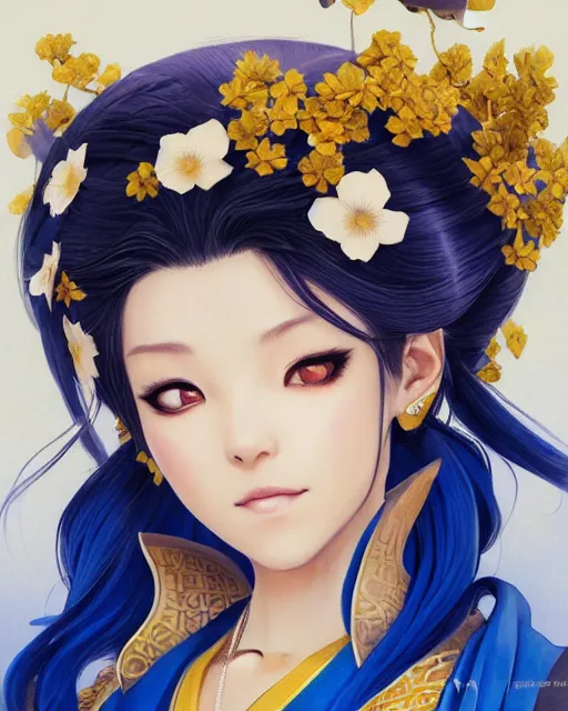 Image similar to Ssunbuki as a woman with fox ears and a royal blue kimono with gold flowers, Yakuza, portrait, visualartzi, korean, concept art by Karla Ortiz, James Paick, Charlie Bowater, Krenz Cushart, highly detailed, ultra detailed, ultra realistic, trending on artstation, cgstudio