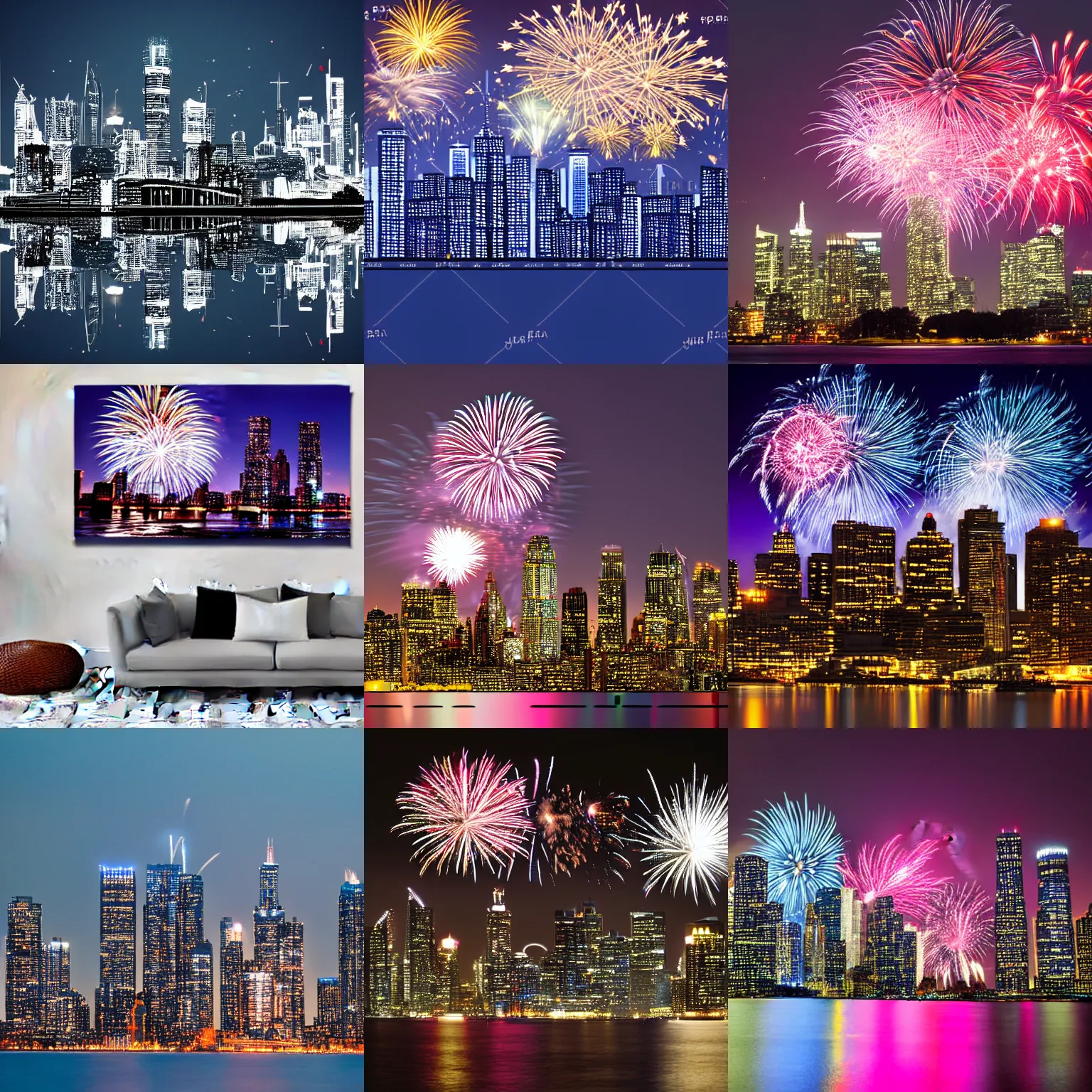 Prompt: fireworks stars night skyline buildings