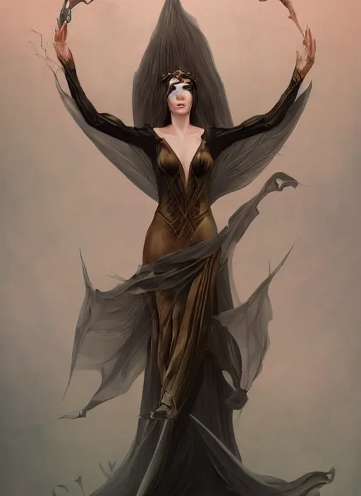 Image similar to tarot!!, high priestess, no noise, elegant, concept art, sharp focus, beautiful face!!, digital art, smooth defined outlines!!, human anatomy, human structure, vector background, dark fairy queen, by Brom, trending on Artstation, Tom Bagshaw, Sargent