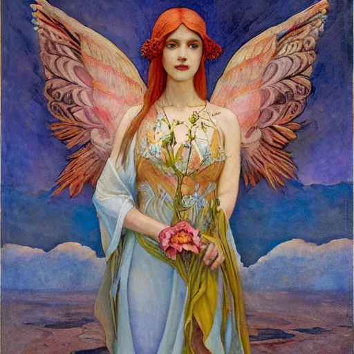 Image similar to queen of the dawn with her wings and her lantern, by Annie Swynnerton and Nicholas Roerich and Diego Rivera, flowing robes, bioluminescent skin, floral tattoos, elaborate costume, geometric ornament, symbolist, soft colors, smooth, sharp focus, extremely detailed