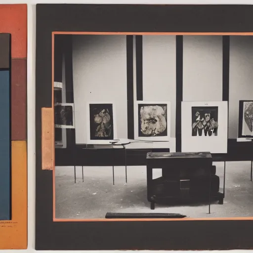 Prompt: A three color offset photography of objects on display, anthropology of wonder, exotic artifacts, bauhaus, colonial expedition, catalog exhibition, 60s style