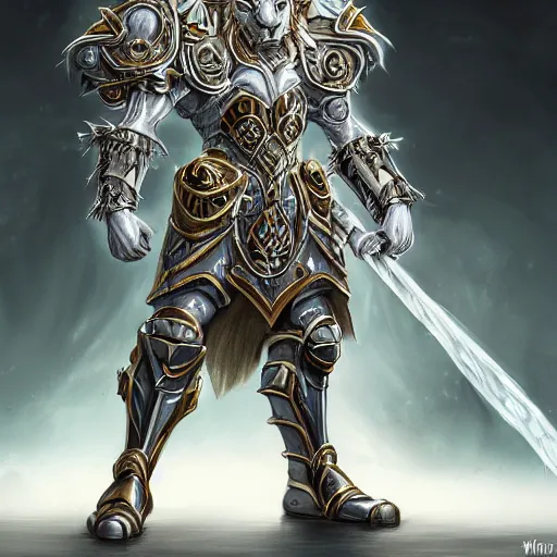 Image similar to anthropomorphized anthropomorphized white lion paladin in armor casting spell, evil, menacing pose, concept art, insanely detailed and intricate, hypermaximalist, elegant, ornate, hyper realistic, super detailed, art deco, cinematic, trending on artstation, magic the gathering artwork