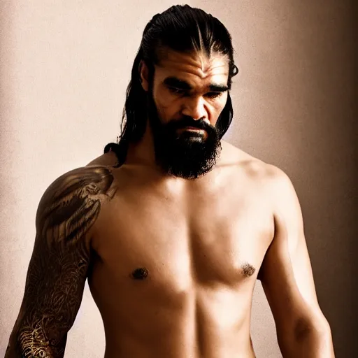 Image similar to portrait of khal drogo from games of thrones, mascular, broad shoulder, tattooed body, six packs, symmetrical, nikon 3 5 mm photography, ultrarealistic