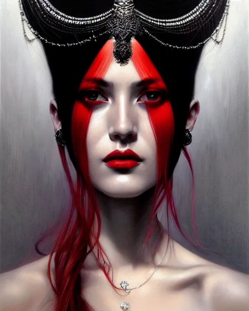 Prompt: portrait of a beautiful goddess, great enigmatic appeal, dominant shades of black, silver, dark red, white, head in focus, beautiful ornamental aesthetics, intricate, elegant, highly detailed, hyperrealistiic painting, artstation, concept art, painterly, sharp focus, illustration, art by karol bak