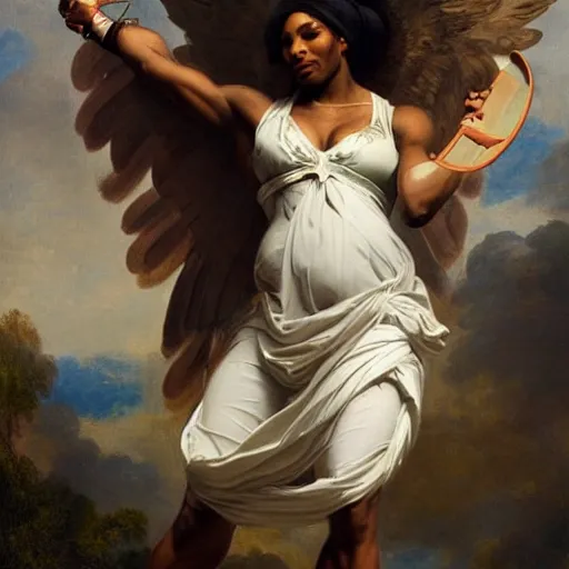 Image similar to Portrait of Serena Williams as Nike Goddess, large wings, luxuriant, dreamy, eternity, romantic, strong pose, highly detailed, in the style of Franz Xaver Winterhalter, highly detailed, in the style of Aetherpunk