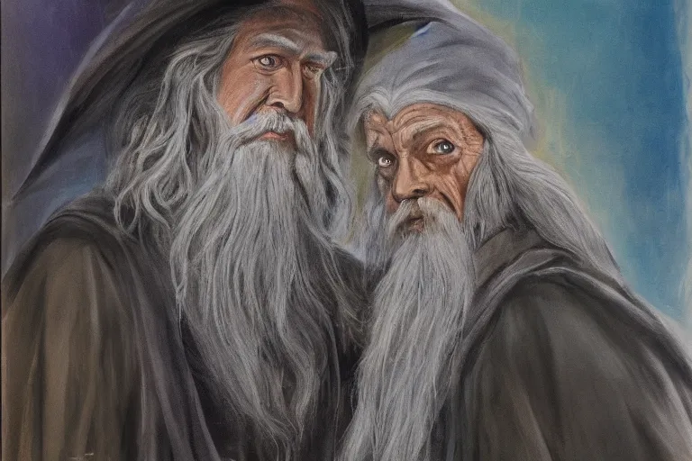 Image similar to gandalf and frodo painted in the style of francis bacon, expressionist, 4 k, realistic