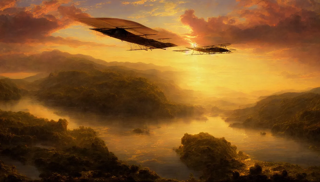 Image similar to a steam powered flying boat flies above a river valley at sunset, matte painting by frederic edwin church, golden hour, nature, fantasy art, trending on artstation, deviantart, behance, highly detailed, rule of thirds, crepuscular rays, steampunk