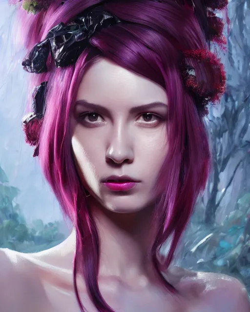 Prompt: a highly detailed oil painting of A beautiful woman, in professional makeup, with medium length magenta hair covering an eye, and a tall tree, and large obsidian crystals, cinematic lighting, dramatic atmosphere, by Dustin Nguyen, Akihiko Yoshida, Greg Tocchini, Greg Rutkowski, Cliff Chiang, 4k resolution, trending on artstation