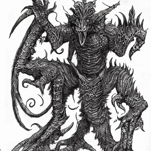 Image similar to Ink drawing of a draconic goblin shamen in the style of the AD&D monster manual detailed HD 8k High Resolution