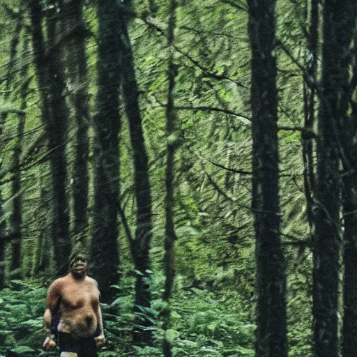 Prompt: big foot in the middle of the forest, blurry photo, very grainy, telephoto lens