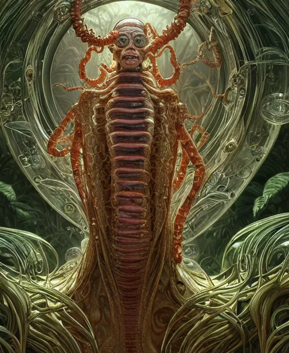 Prompt: intricate ornate opulent transparent clear see - through portrait of a terrifying beautiful emaciated male alien centipede, mottled coloring, adorable, childlike, overgrown jungle environment, ultra realistic, concept art, art nouveau, photorealistic, octane render, 8 k, unreal engine. art by christopher marley and artgerm and greg rutkowski and alphonse mucha