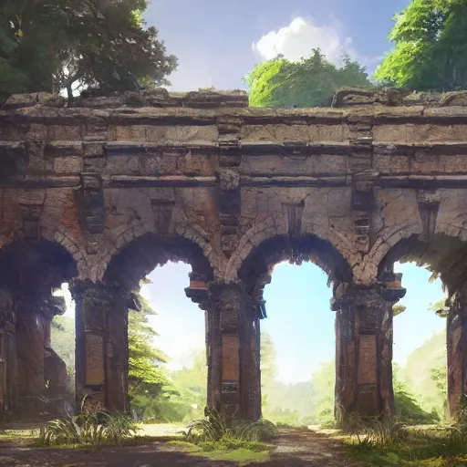 Image similar to concept art painting of an ornate ancient stone archway, in the woods, realistic, detailed, cel shaded, in the style of makoto shinkai and greg rutkowski and james gurney