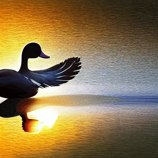 Image similar to beautiful digital painting of a duck with tiger colored feathers. It spreads its wings majestically as it takes off from a placid river in the south of france. Golden hour, perfect contrast, awe inspiring.