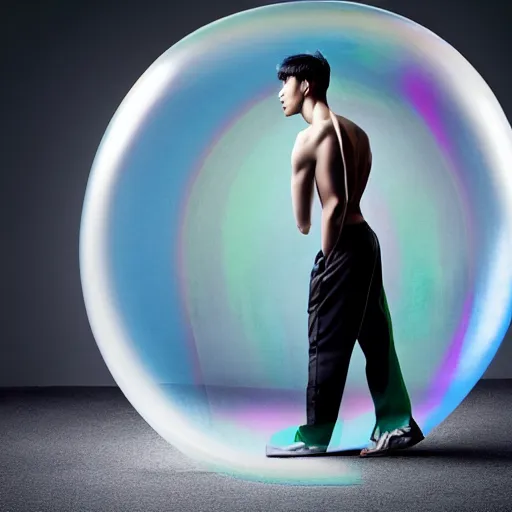 Image similar to a giant iridescent soap bubble in front of a beautiful athletic slim young korean male, photographed by erwin olaf for an art gallery