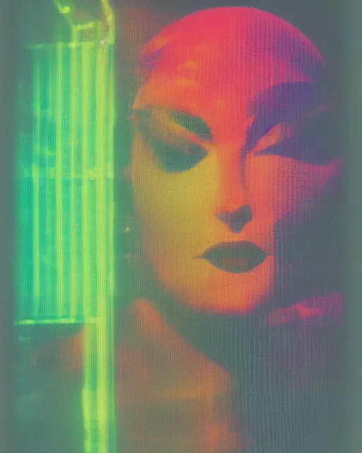 Prompt: cyber - polaroid of a female cyborg's face, emotion, cybernetic, ethereal curtain, starburst, chrome vortex, vibrant scattered light, reflective glass, led screen, 1 9 6 0 s, computer - generated, rainbow colored