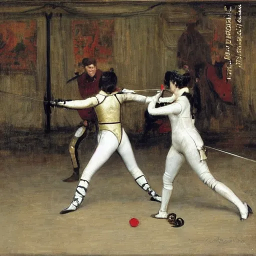 Image similar to actress in a fencing duel tournament by alfred stevens