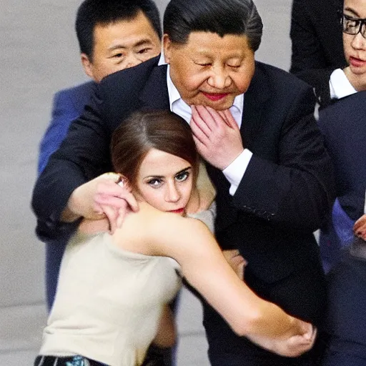 Prompt: angry emma watson putting xi jinping in a headlock as security agents close in