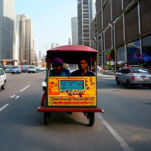 Prompt: A Bangladeshi Rickshaw driving down the highway of Chicago