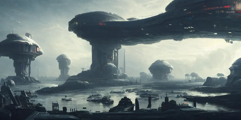 Prompt: epic space ship dock station with huge ships landed on an alien planet, digital art by greg rutkowski. hyperreal highly detailed 8 k. intricate. lifelike. soft light. nikon d 8 5 0.