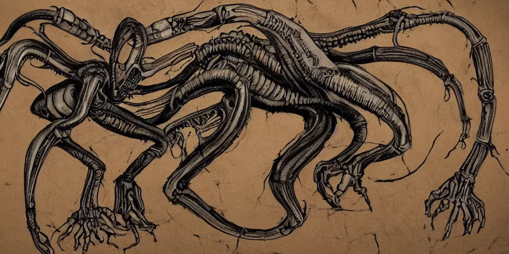 Image similar to xenomorph in the style of HR Giger, color cave painting