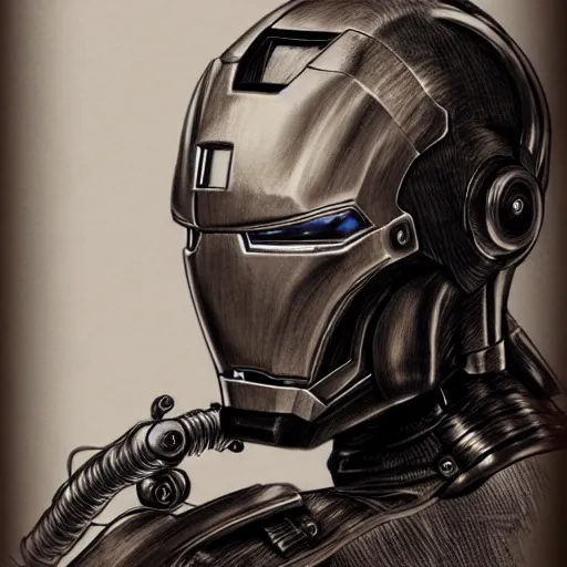 Image similar to steampunk Iron Man by H.R. Giger , showing full face and body, drawing on pencil, ornate, details, smooth, sharp focus, illustration, realistic, cinematic, artstation, award winning, rgb, ethereal blue lighting, 8K, H 1088