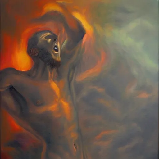 Image similar to Man arising from hell. Oil painting.