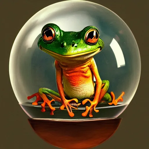 Prompt: eye - level shot of a cute frog sitting on top of a giant glass sphere, concept art, by esao andrews, by m. w. kaluta, by pixar, volumetric light, rich colors, very humorous!!!, realistic reflections, smooth, depth perception, tilt shift, 4 k, unreal engine 5, artstation