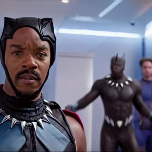Prompt: a still of tobias funke as black panther in the avengers ( 2 0 1 8 )