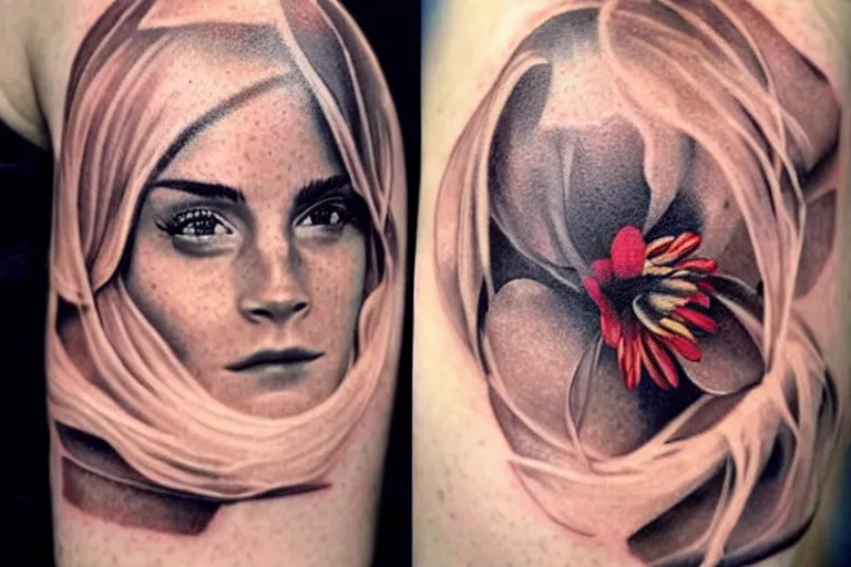 Image similar to emma watson, dope tattoo, hyperrealistic