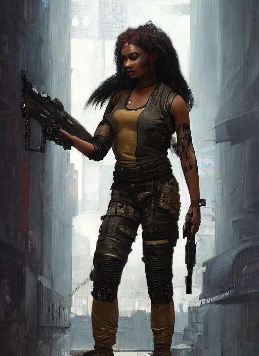 Prompt: maria igwe. cyberpunk mercenary with tattoos wearing a military vest and combat jumpsuit. (Cyberpunk 2077, bladerunner 2049). Iranian orientalist portrait by john william waterhouse and Edwin Longsden Long and Theodore Ralli and Nasreddine Dinet, oil on canvas. Cinematic, hyper realism, realistic proportions, dramatic lighting, high detail 4k