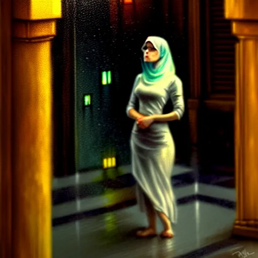 Image similar to detailed face of a woman, moment, courtyard, capital, cyberpunk mosque interior, control panel, watcher, omniscient, tech noir, wet reflections, impressionism, atmospheric, ambient, speed painting, livia prima, edward hopper