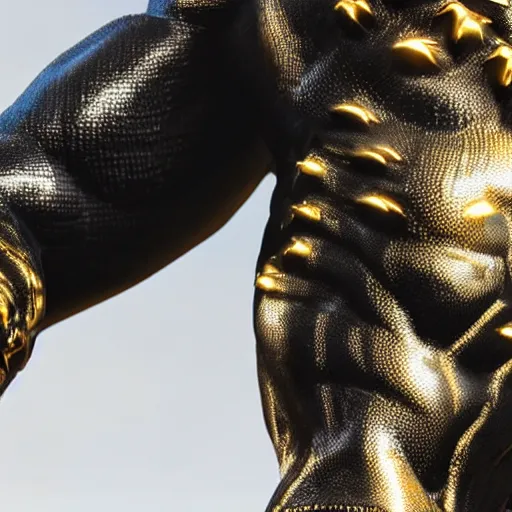 Image similar to a close up photo of a detailed golden statue of Black Panther, 8K,