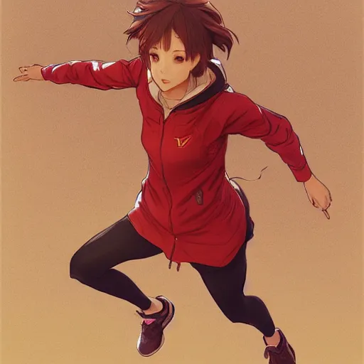 Image similar to a girl is running, red sport clothing, marathon, anime style, brown short hair, hair down, symmetrical facial features, from arknights, hyper realistic, rule of thirds, extreme detail, detailed 4 k drawing, safebooru, realistic lighting, by alphonse mucha, greg rutkowski, backlit