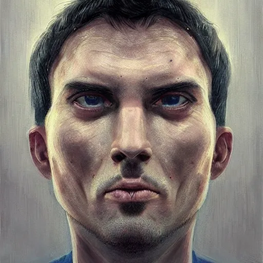 Image similar to surreal portrait of a man by Greg Rutkowski, symmetrical face, he is about 30 years old, short black hair with bangs, his features are a mix between French, Turkish and Russian, transformed into a kind of biomechanical transhuman god, blue glowing eyes, expression of epiphany and determination, cosmic void background, frightening, fascinating, highly detailed portrait, digital painting, book cover, artstation, concept art, smooth, sharp foccus ilustration, Artstation HQ