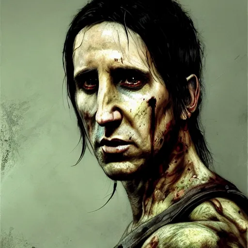 Prompt: color portrait of young and handsome trent reznor as a zombie with shoulder length hair, 7 days to die zombie, gritty background, fine art, award winning, intricate, elegant, sharp focus, cinematic lighting, digital painting, 8 k concept art, art by brom, art by guweiz and z. w. gu, art by michael hussar, 8 k